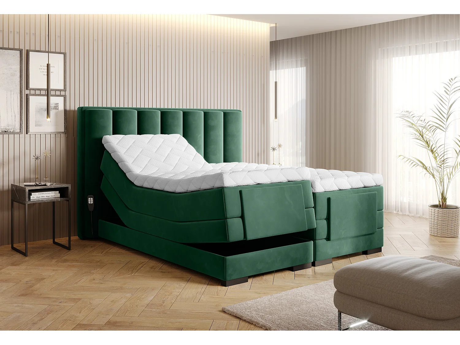 Lit boxspring électrique tissu vert avec matelas et surmatelas Arkos-160x200