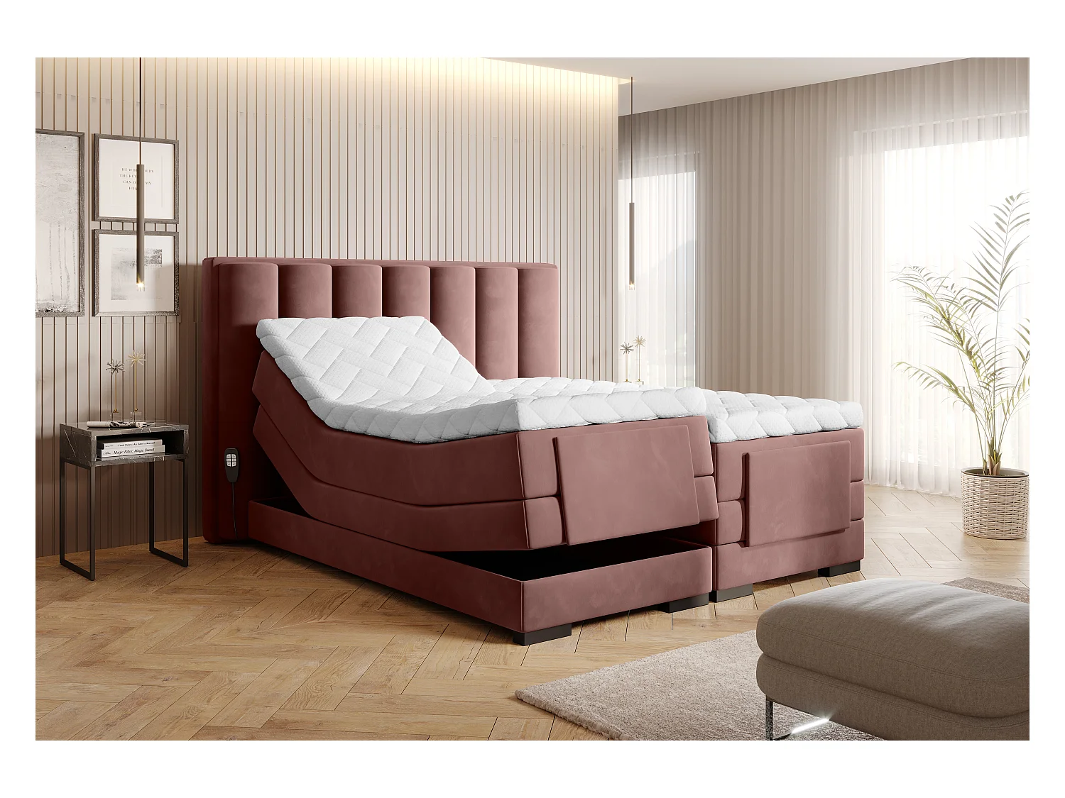 Lit boxspring électrique tissu rouille avec matelas et surmatelas Arkos-140x200