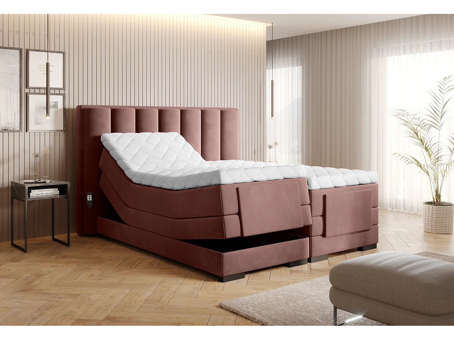 Lit boxspring électrique tissu rouille avec matelas et surmatelas Arkos-180x200