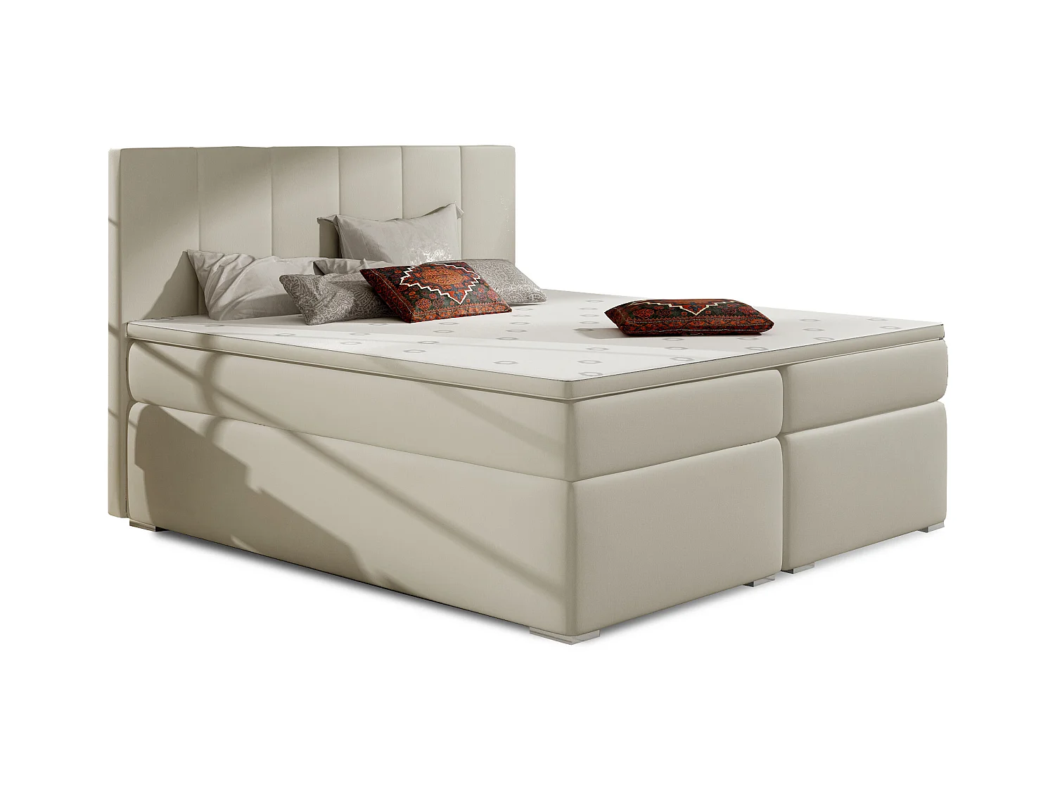 Lit continental simili cuir beige clair avec matelas et surmatelas Louna-180x200
