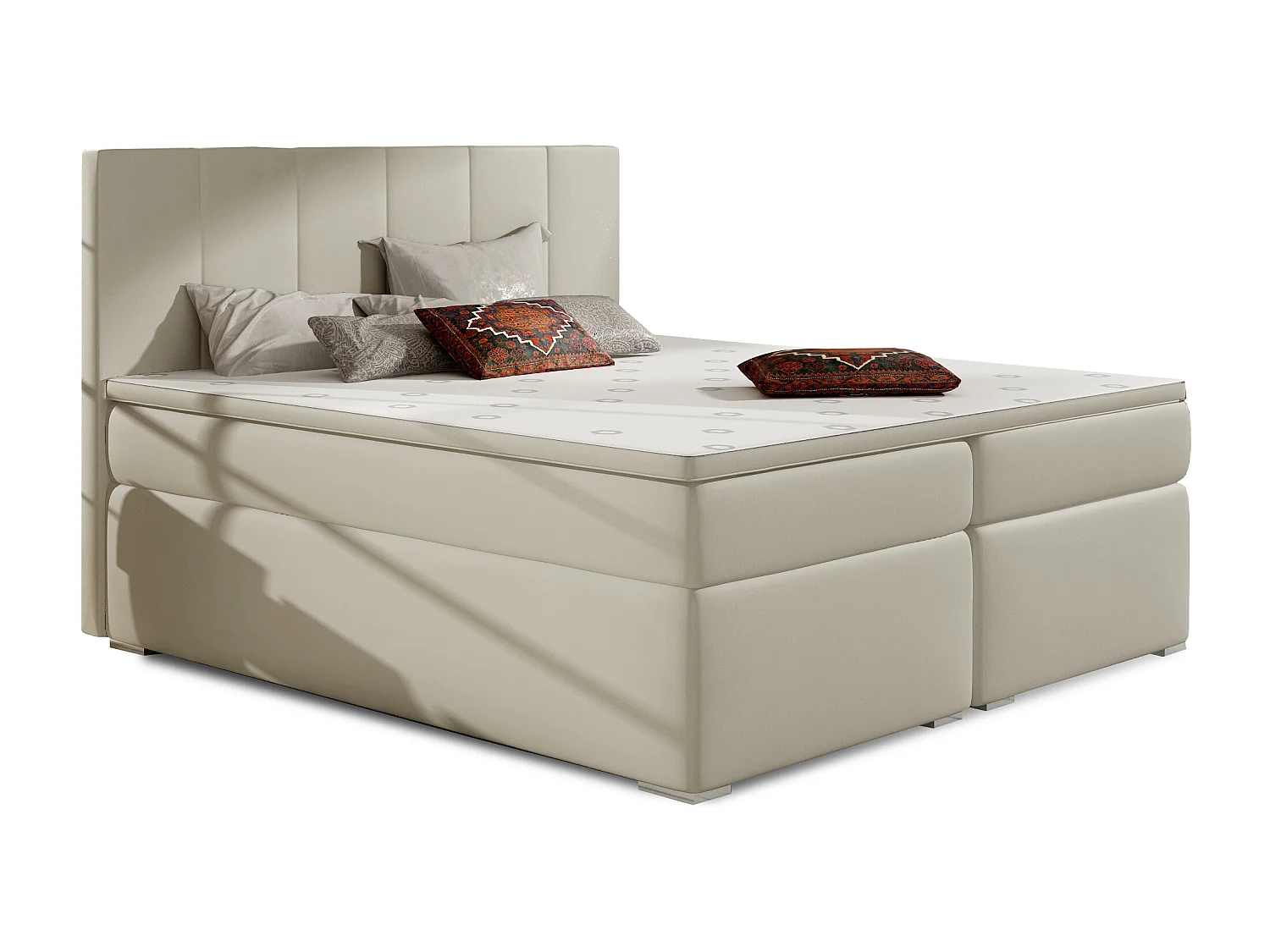 Lit continental simili cuir beige clair avec matelas et surmatelas Louna-180x200