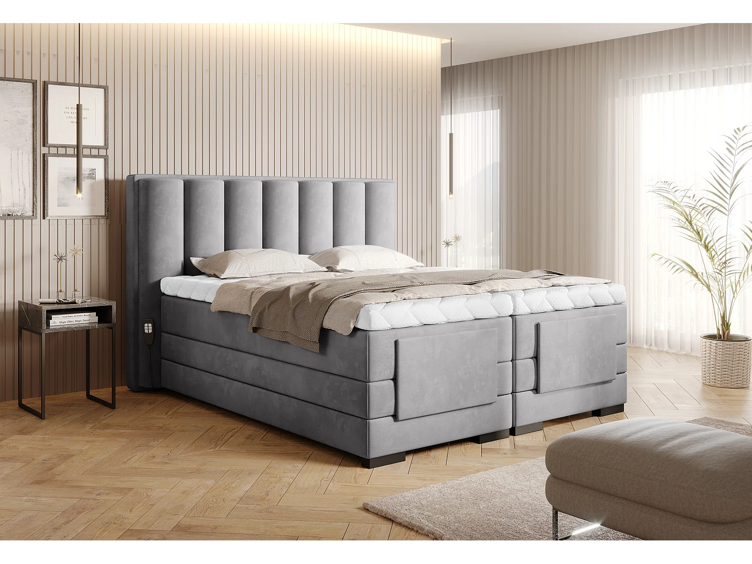 Lit boxspring électrique tissu gris clair avec matelas et surmatelas Arkos-140x200