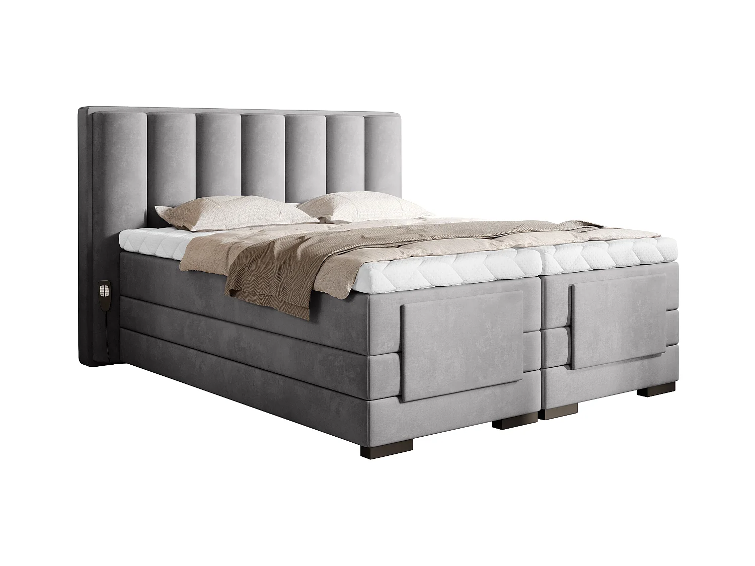 Lit boxspring électrique tissu gris clair avec matelas et surmatelas Arkos-140x200