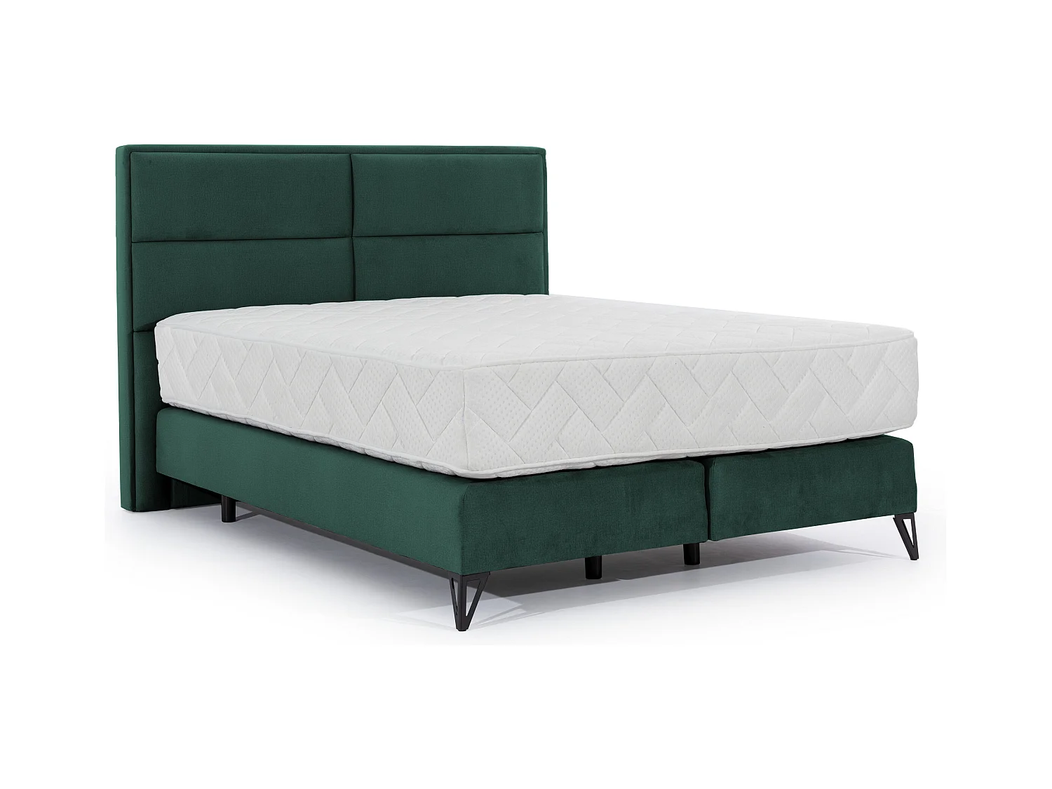 Lit continental tissu vert Tiempo avec matelas 30cm en latex et pied métal noir-160x200