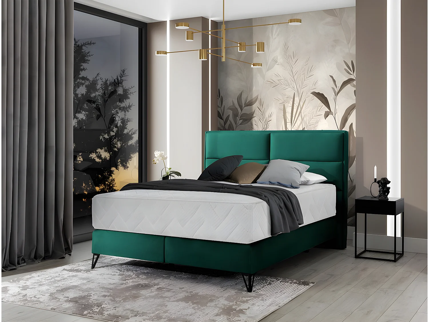 Lit continental tissu vert Tiempo avec matelas 30cm en latex et pied métal noir-160x200