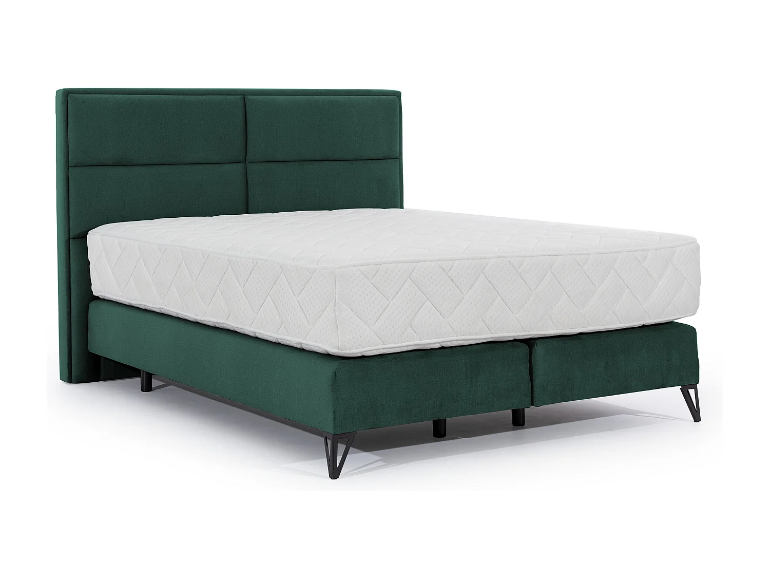 Lit continental tissu vert Tiempo avec matelas 30cm en latex et pied métal noir-160x200
