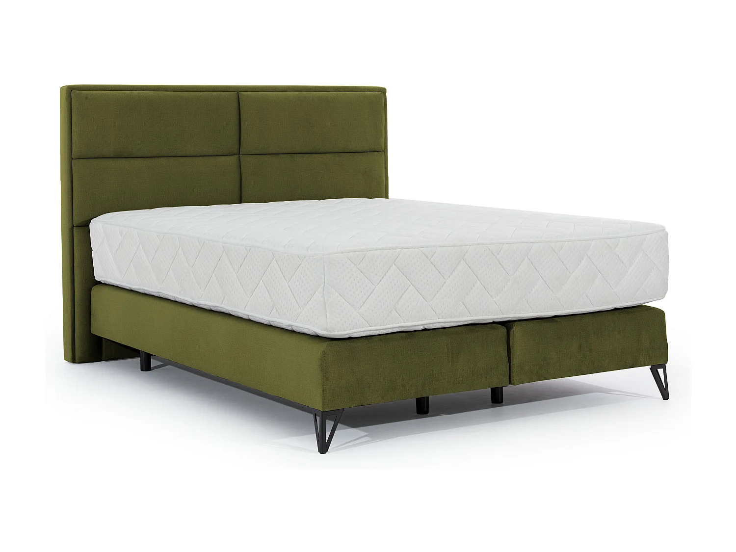 Lit continental tissu vert olive Tiempo avec matelas 30cm en latex et pied métal noir-160x200