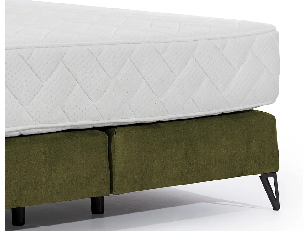 Lit continental tissu vert olive Tiempo avec matelas 30cm en latex et pied métal noir-160x200