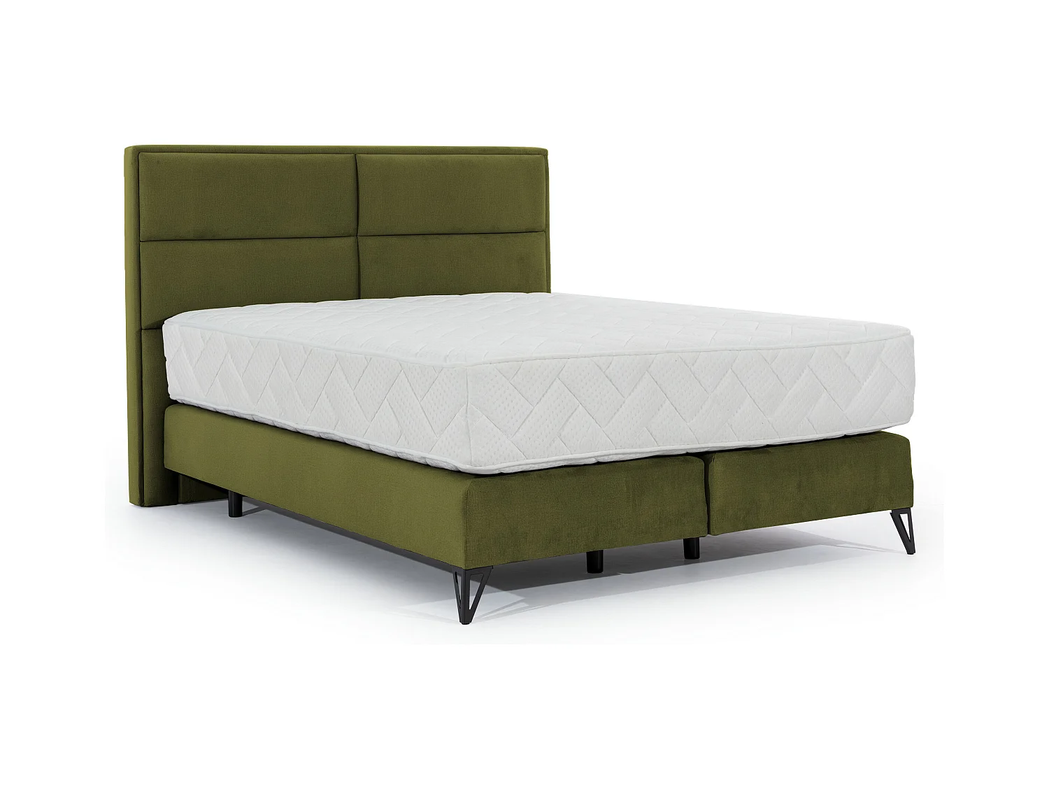 Lit continental tissu vert olive Tiempo avec matelas 30cm en latex et pied métal noir-160x200