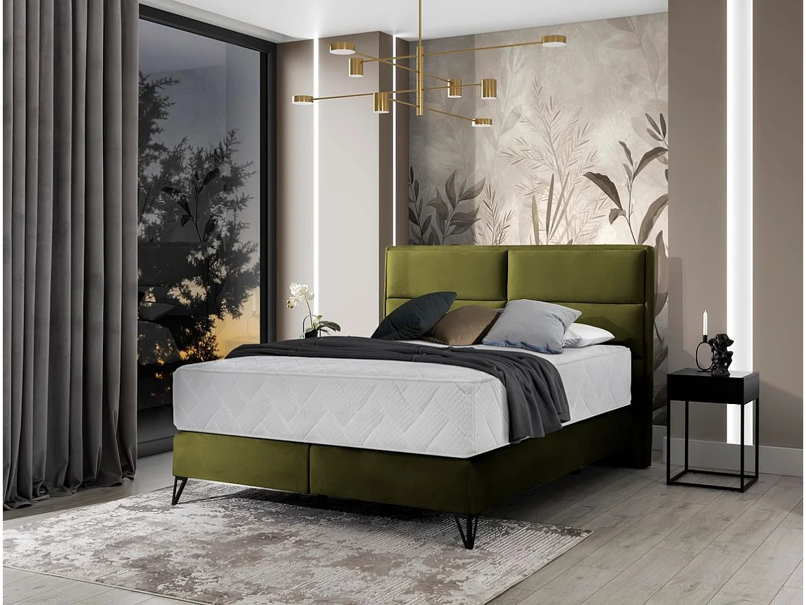 Tiempo continentaal bed van olijfgroene stof met latexmatras van 30 cm en zwart metalen poot-Slapen 160x200cm