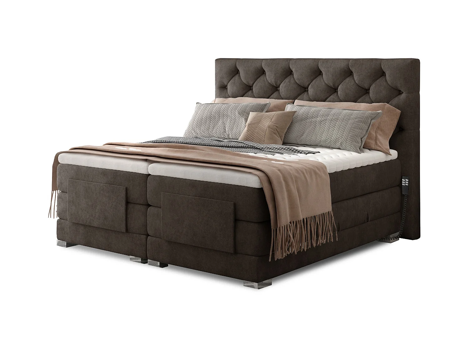 Lit continental électrique tissu marron avec matelas et surmatelas Karmen-180x200