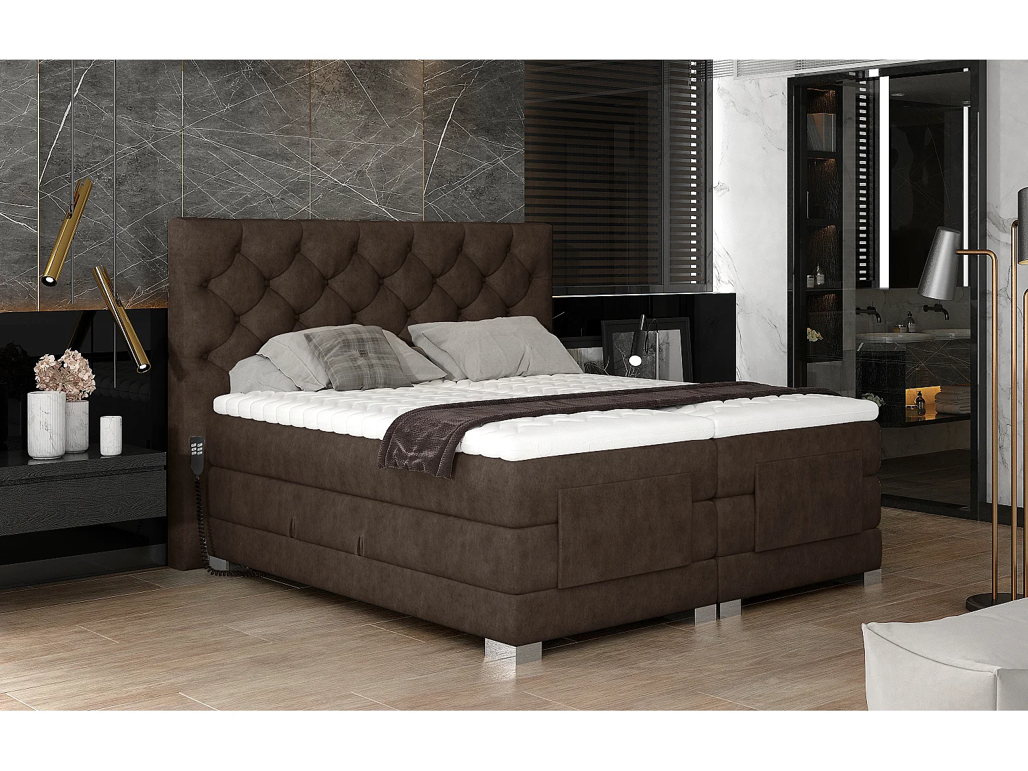 Lit continental électrique tissu marron avec matelas et surmatelas Karmen-180x200