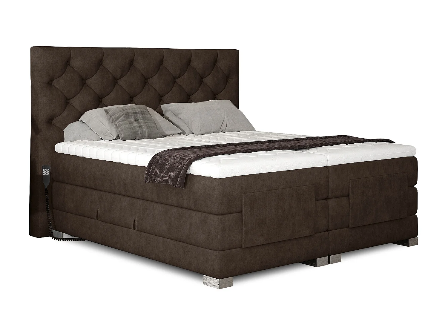 Lit continental électrique tissu marron avec matelas et surmatelas Karmen-180x200