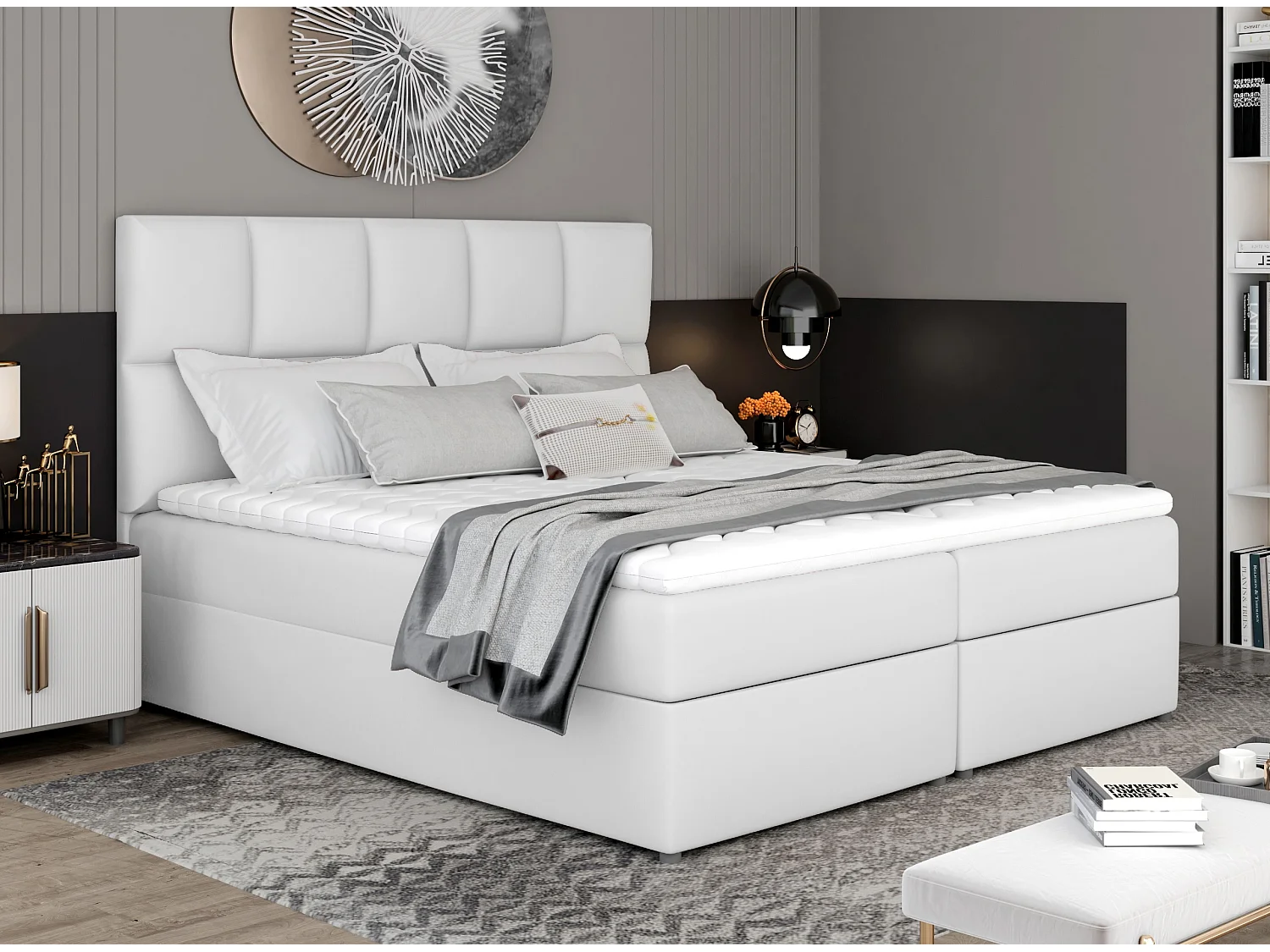 Lit boxspring simili cuir blanc avec matelas et surmatelas Lizen-Couchage 140x200 cm