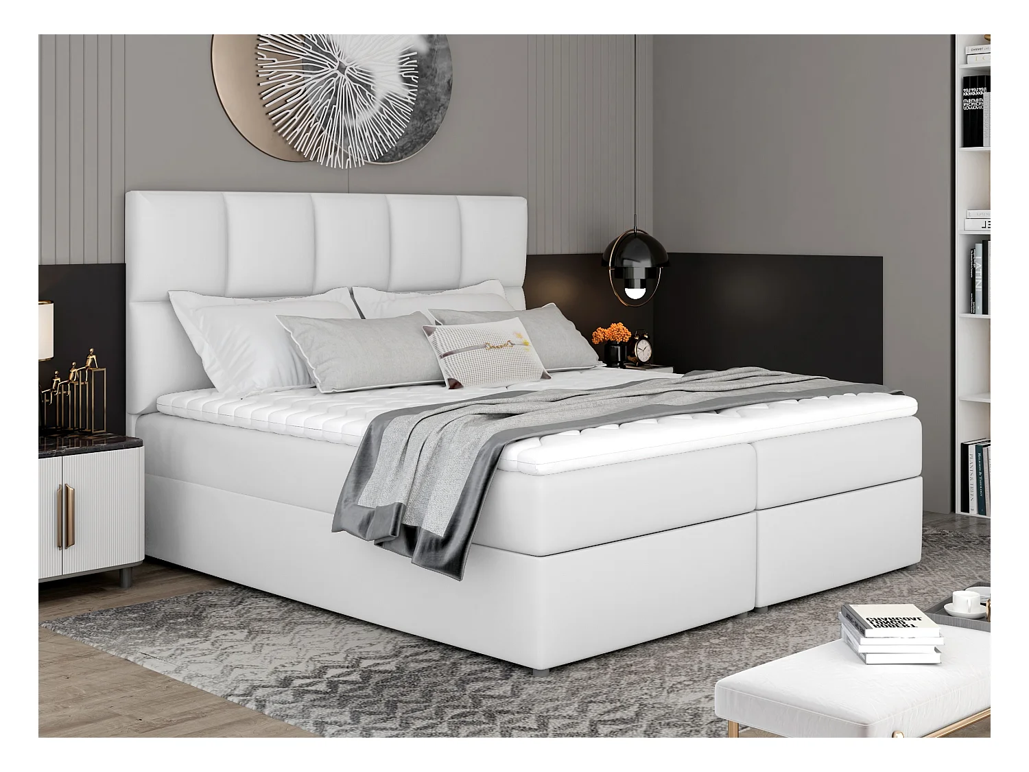 Lit boxspring simili cuir blanc avec matelas et surmatelas Lizen-Couchage 140x200 cm