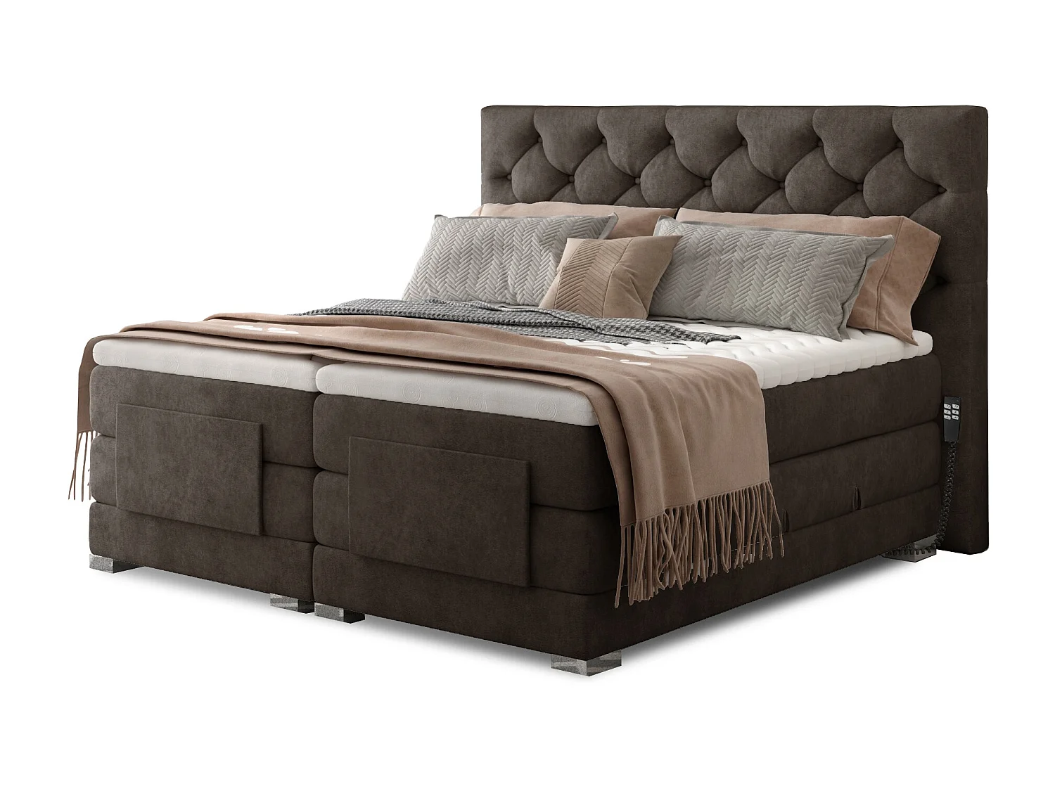 Lit continental électrique tissu marron avec matelas et surmatelas Karmen-140x200