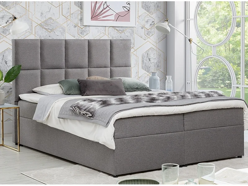 Lit boxspring tissu gris clair avec matelas et surmatelas Lizen-Couchage 180x200 cm