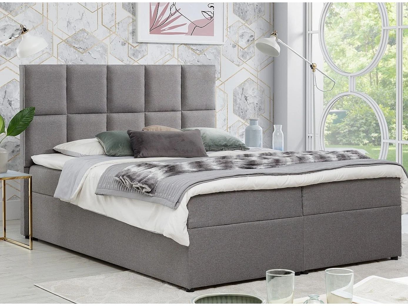 Lit boxspring tissu gris clair avec matelas et surmatelas Lizen-Couchage 180x200 cm