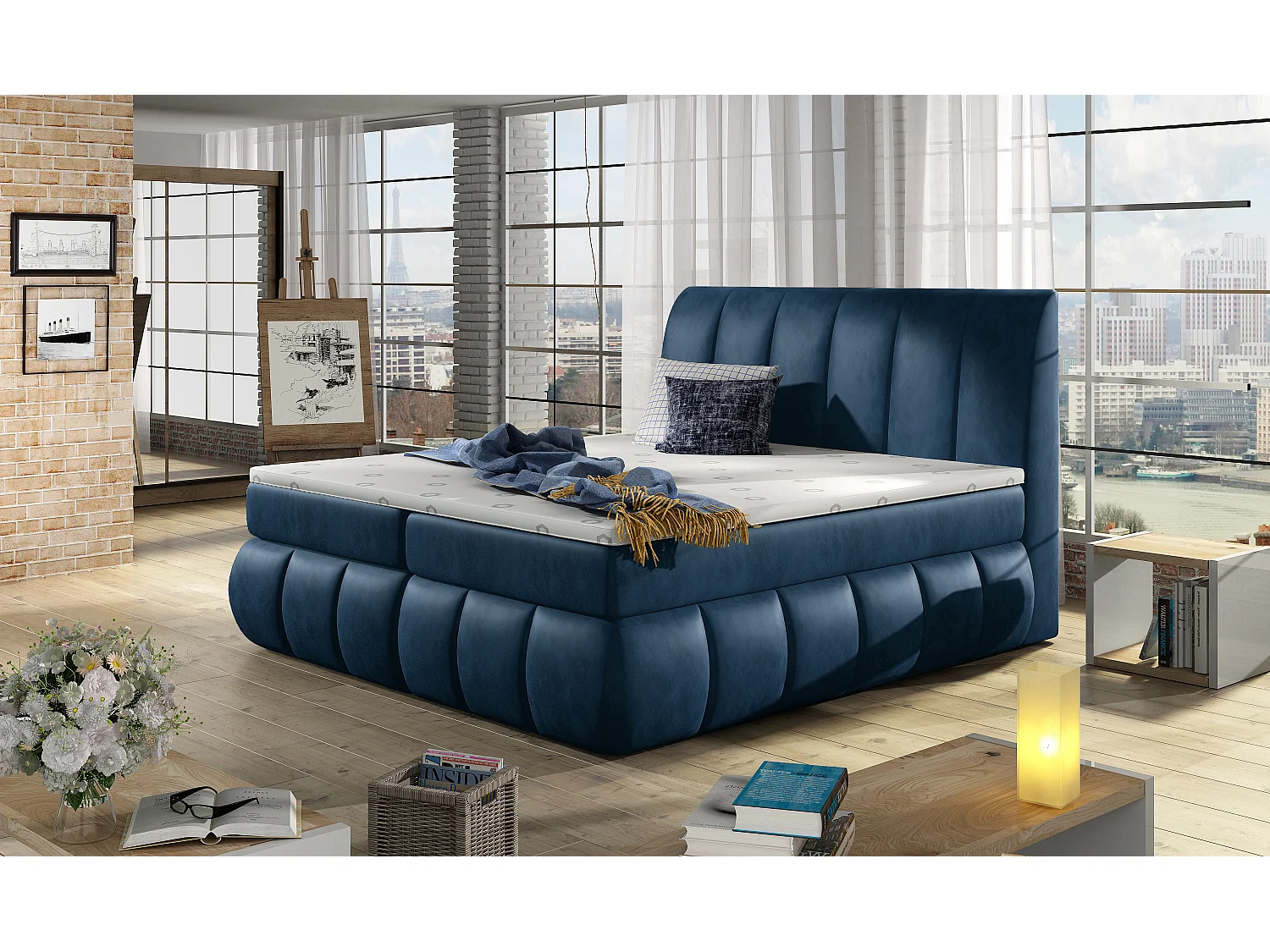 Lit continental matelassé velours bleu Florencia-140x200