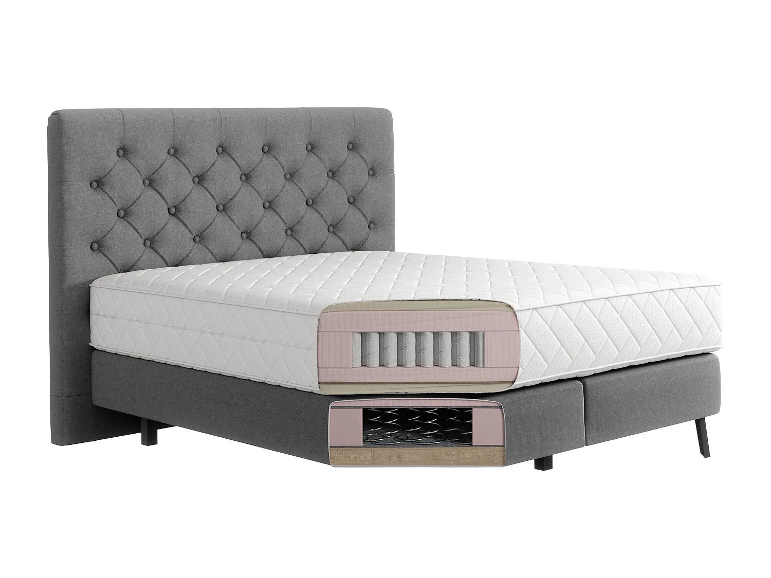 Lit continental capitonné tissu gris clair Pozza avec matelas 30cm en latex et pied métal noir-160x200