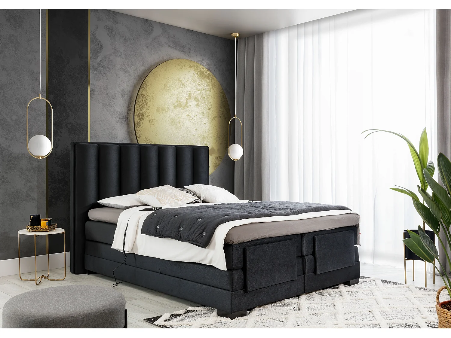 Lit boxspring électrique velours noir avec matelas et surmatelas Arkos-140x200