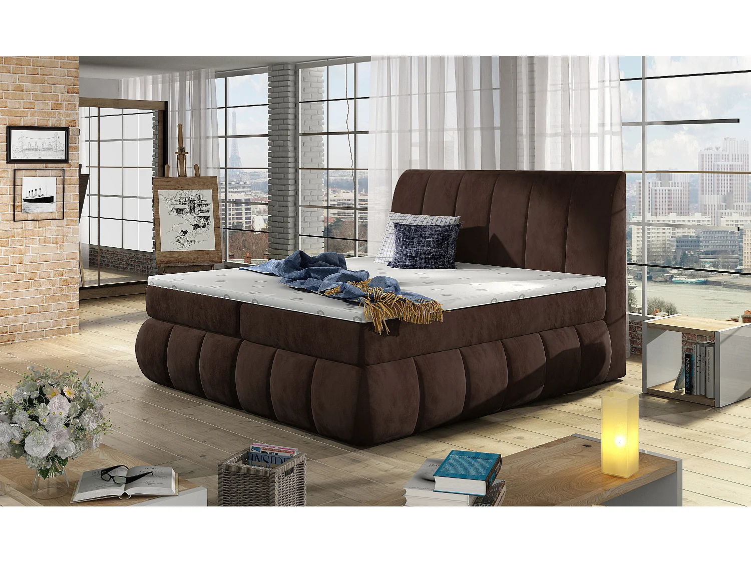 Lit continental matelassé velours marron Florencia-160x200
