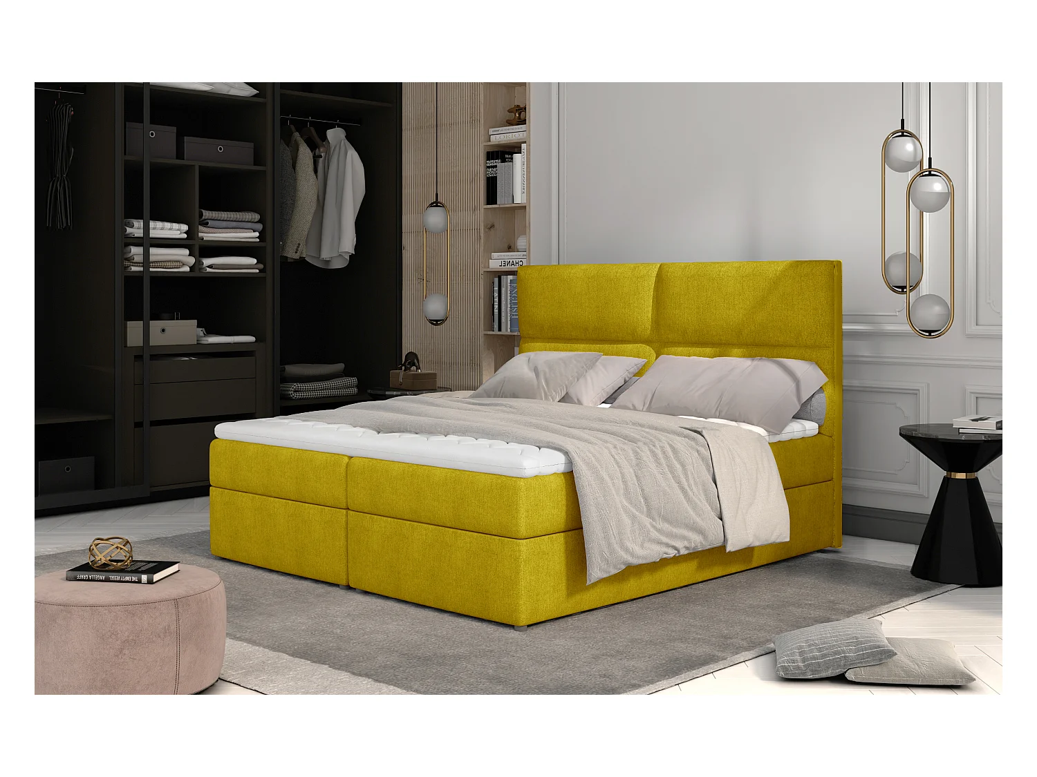 Lit continental capitonné tissu jaune Weber-140x200