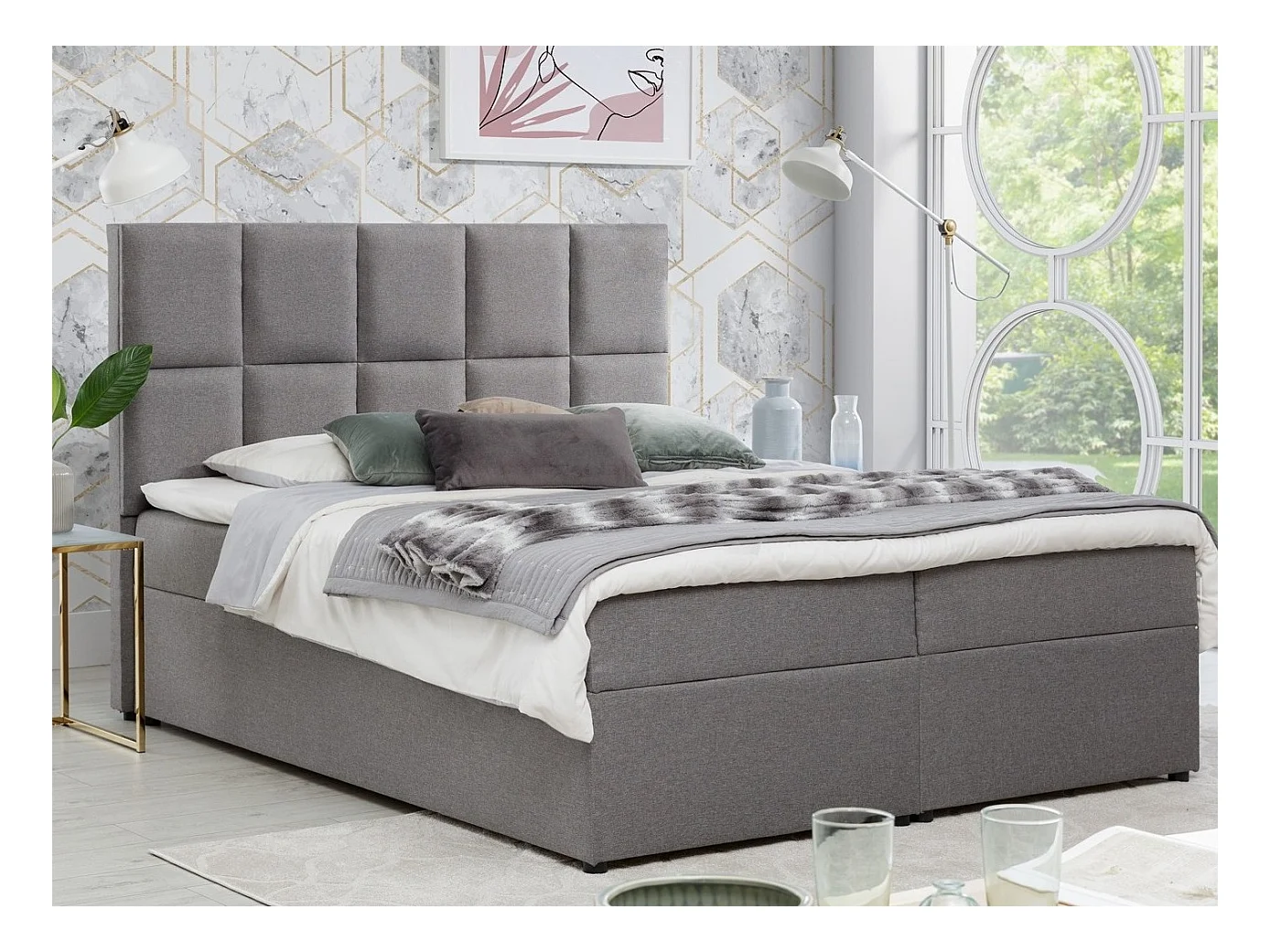 Lit boxspring tissu gris clair avec matelas et surmatelas Lizen-Couchage 140x200 cm