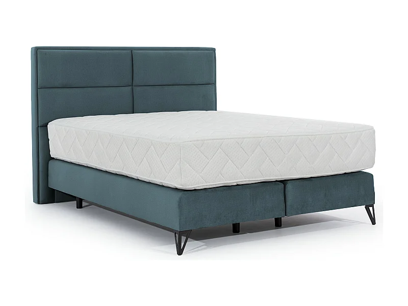 Lit continental velours vert bleuté Tiempo avec matelas 30cm en latex et pied métal noir-160x200