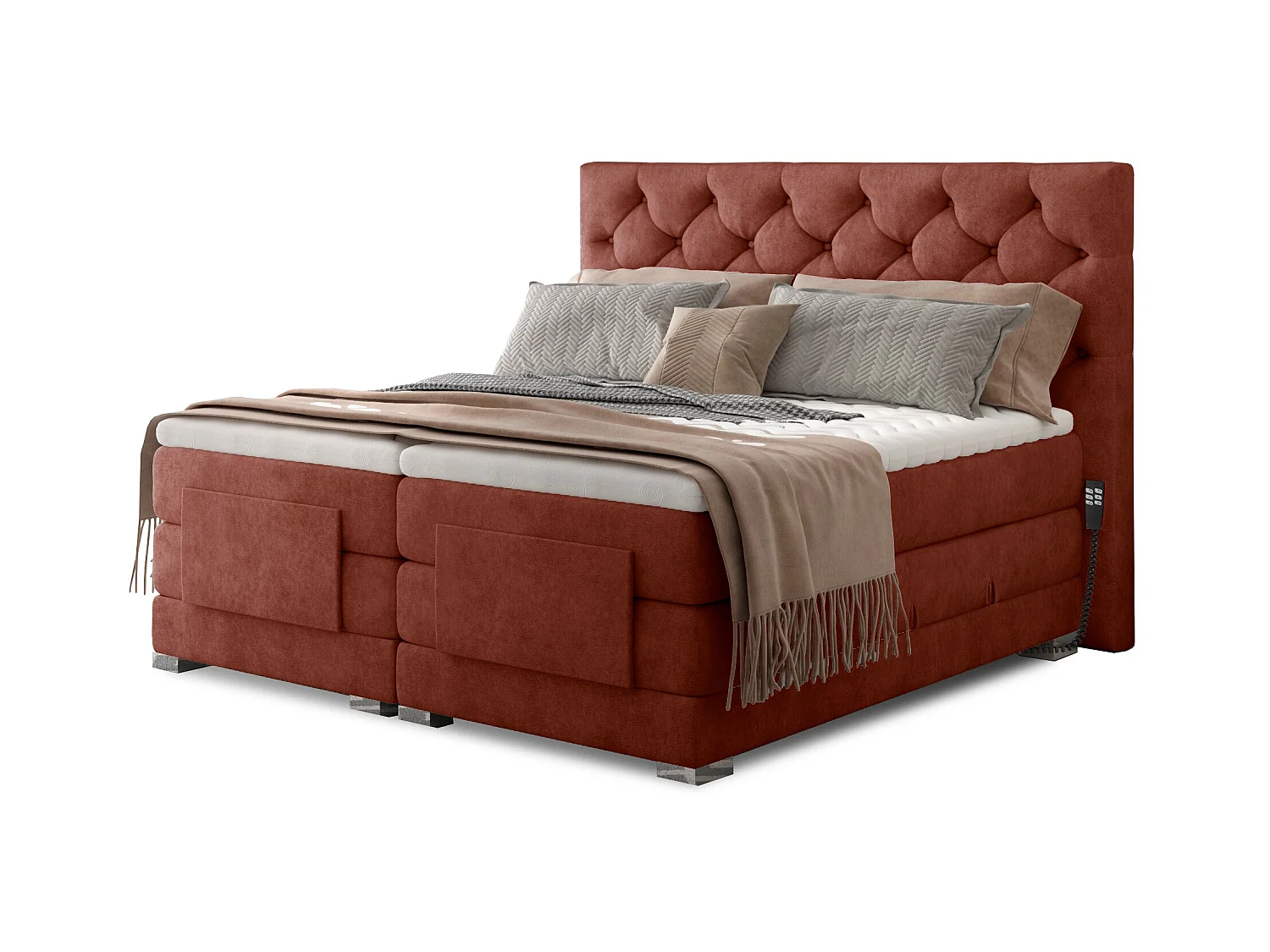 Elektrisch continentaal bed in terracottarode stof met Karmen-matras en bovenmatras-Slapen 160x200cm