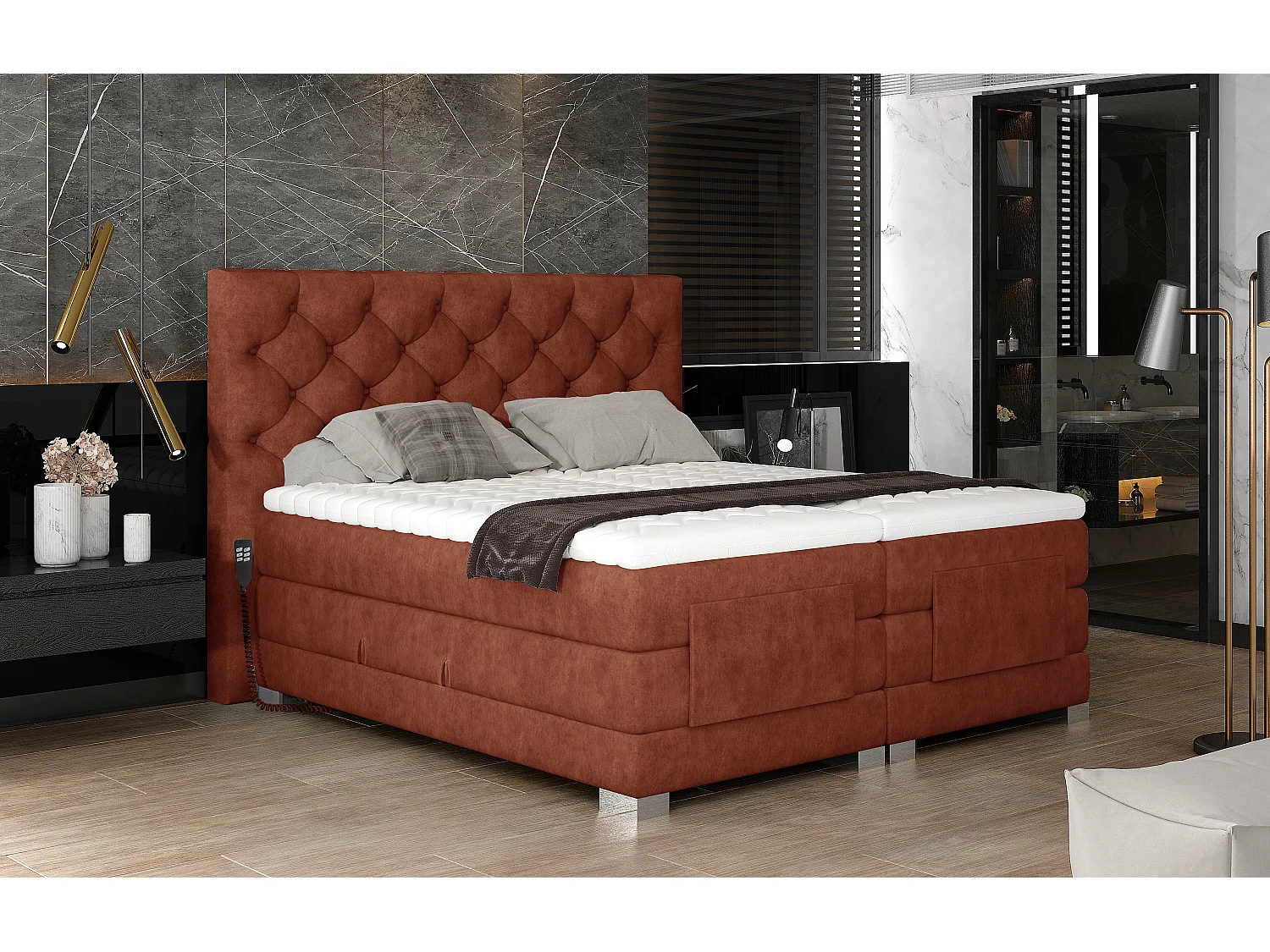 Lit continental électrique tissu rouge tomette avec matelas et surmatelas Karmen-160x200
