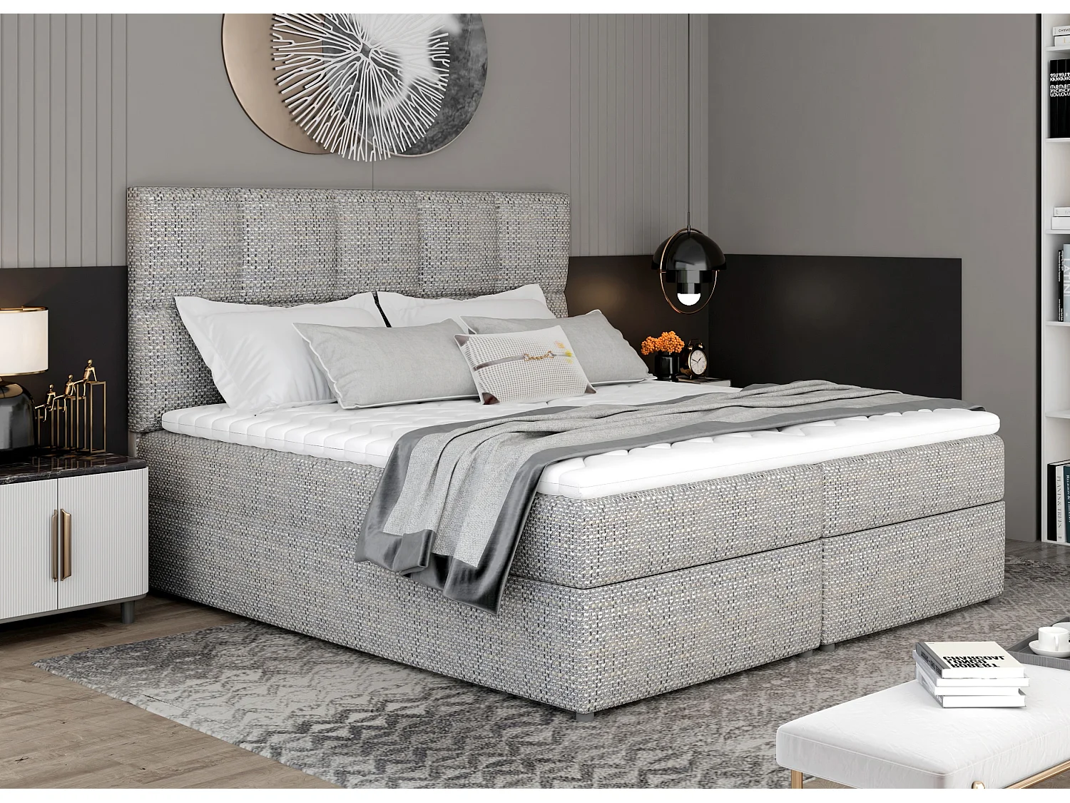 Lit boxspring tissu gris clair chiné avec matelas et surmatelas Lizen-Couchage 160x200 cm