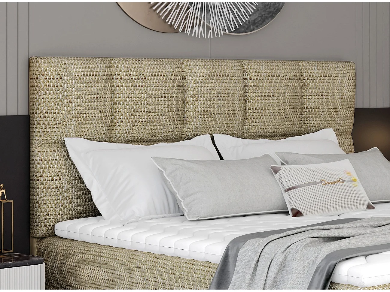 Lit boxspring tissu beige chiné avec matelas et surmatelas Lizen-Couchage 140x200 cm