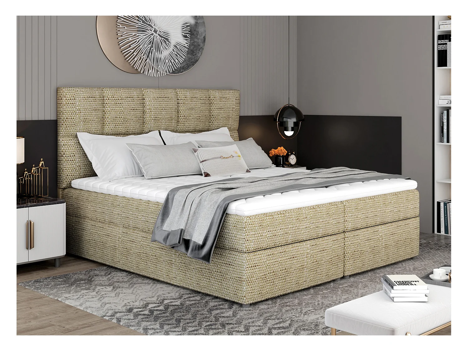 Lit boxspring tissu beige chiné avec matelas et surmatelas Lizen-Couchage 140x200 cm