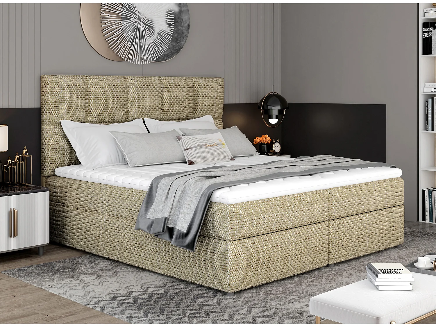 Lit boxspring tissu beige chiné avec matelas et surmatelas Lizen-Couchage 140x200 cm