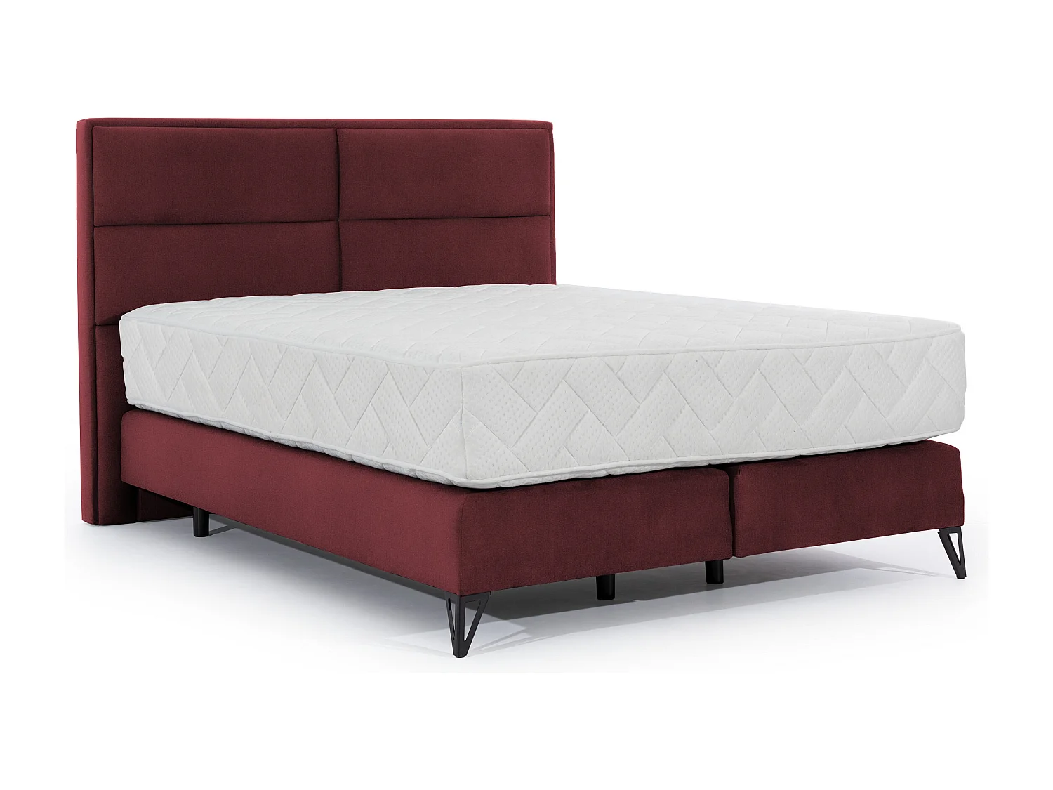 Lit continental velours bordeaux Tiempo avec matelas 30cm en latex et pied metal noir-140x200