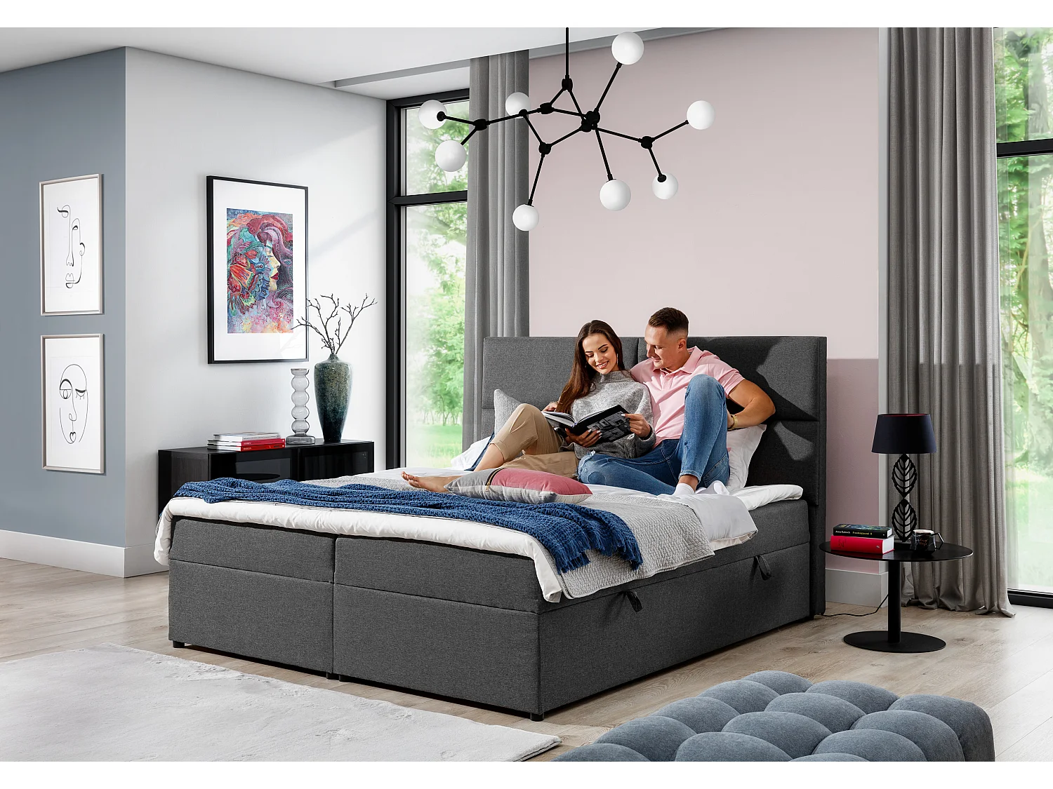 Lit continental capitonné tissu beige clair chiné Weber-180x200