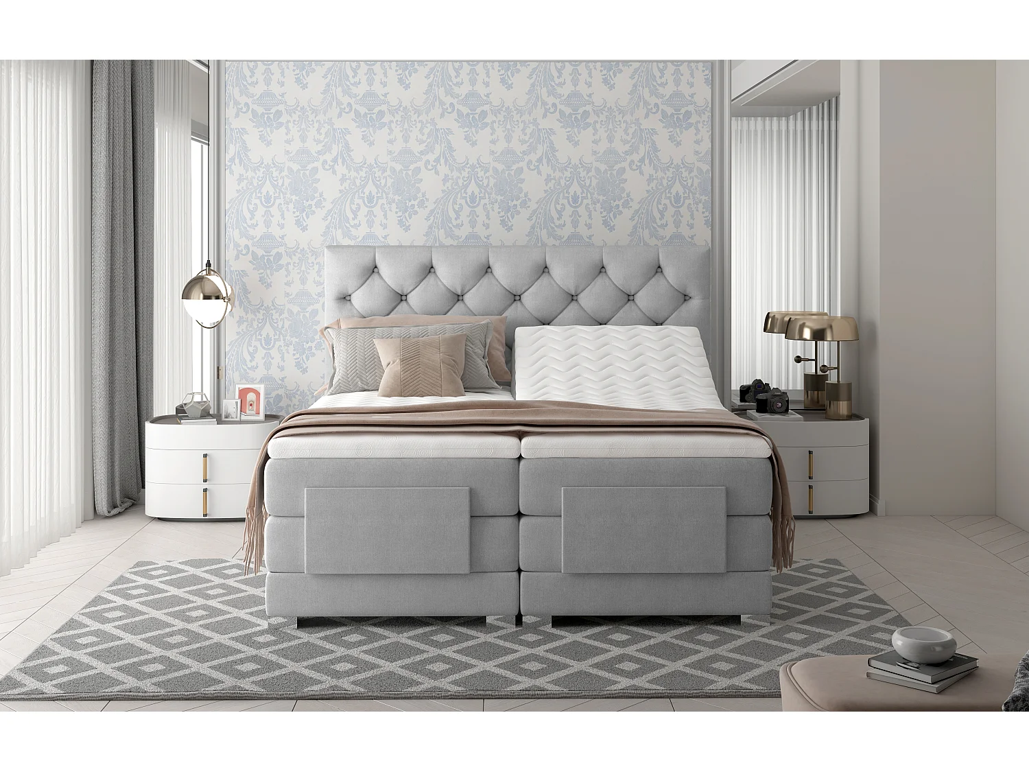 Lit continental électrique tissu gris clair avec matelas et surmatelas Karmen-160x200