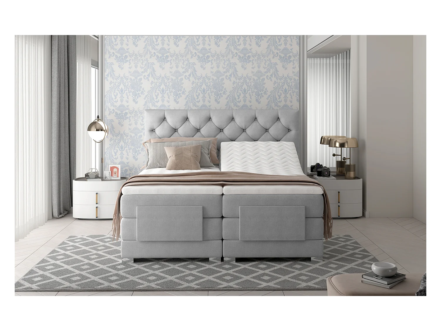 Lit continental électrique tissu gris clair avec matelas et surmatelas Karmen-160x200