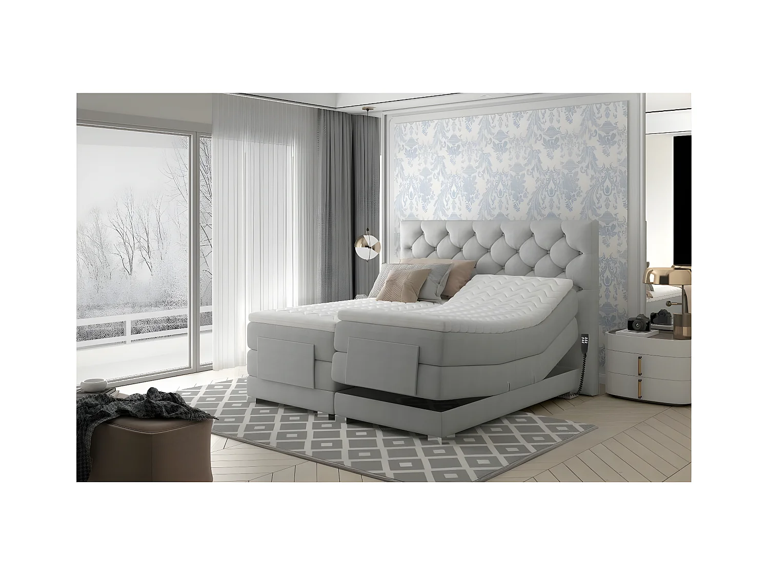 Lit continental électrique tissu gris clair avec matelas et surmatelas Karmen-160x200