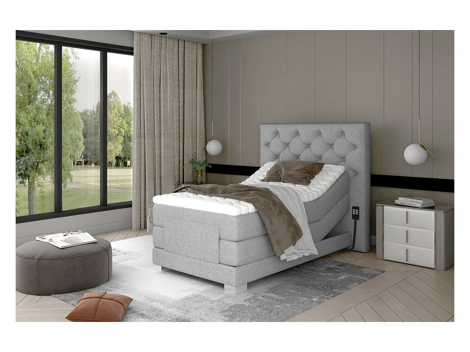 Lit continental électrique tissu gris clair avec matelas et surmatelas Karmen-160x200