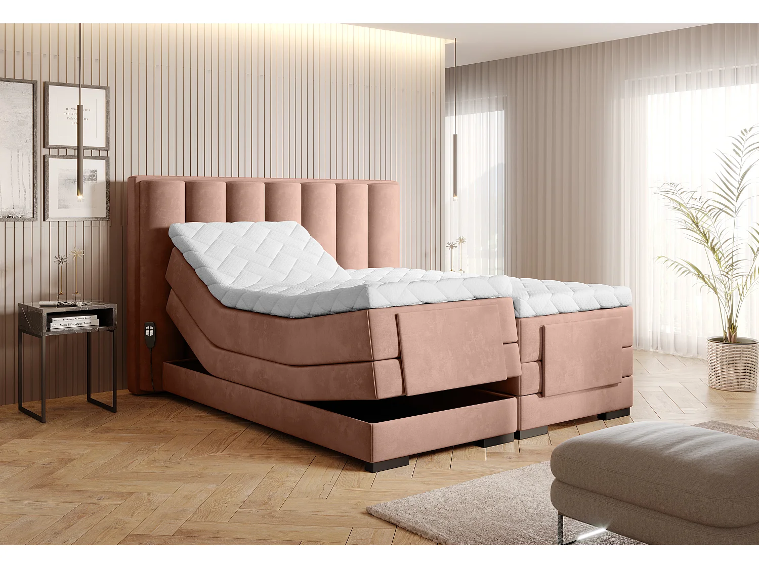 Lit boxspring électrique tissu rose avec matelas et surmatelas Arkos-140x200