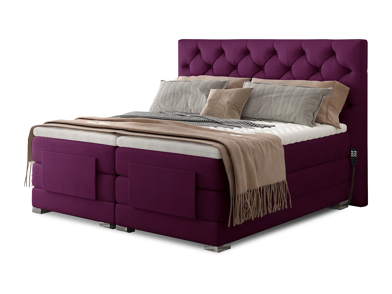 Lit continental électrique velours prune avec matelas et surmatelas Karmen-140x200