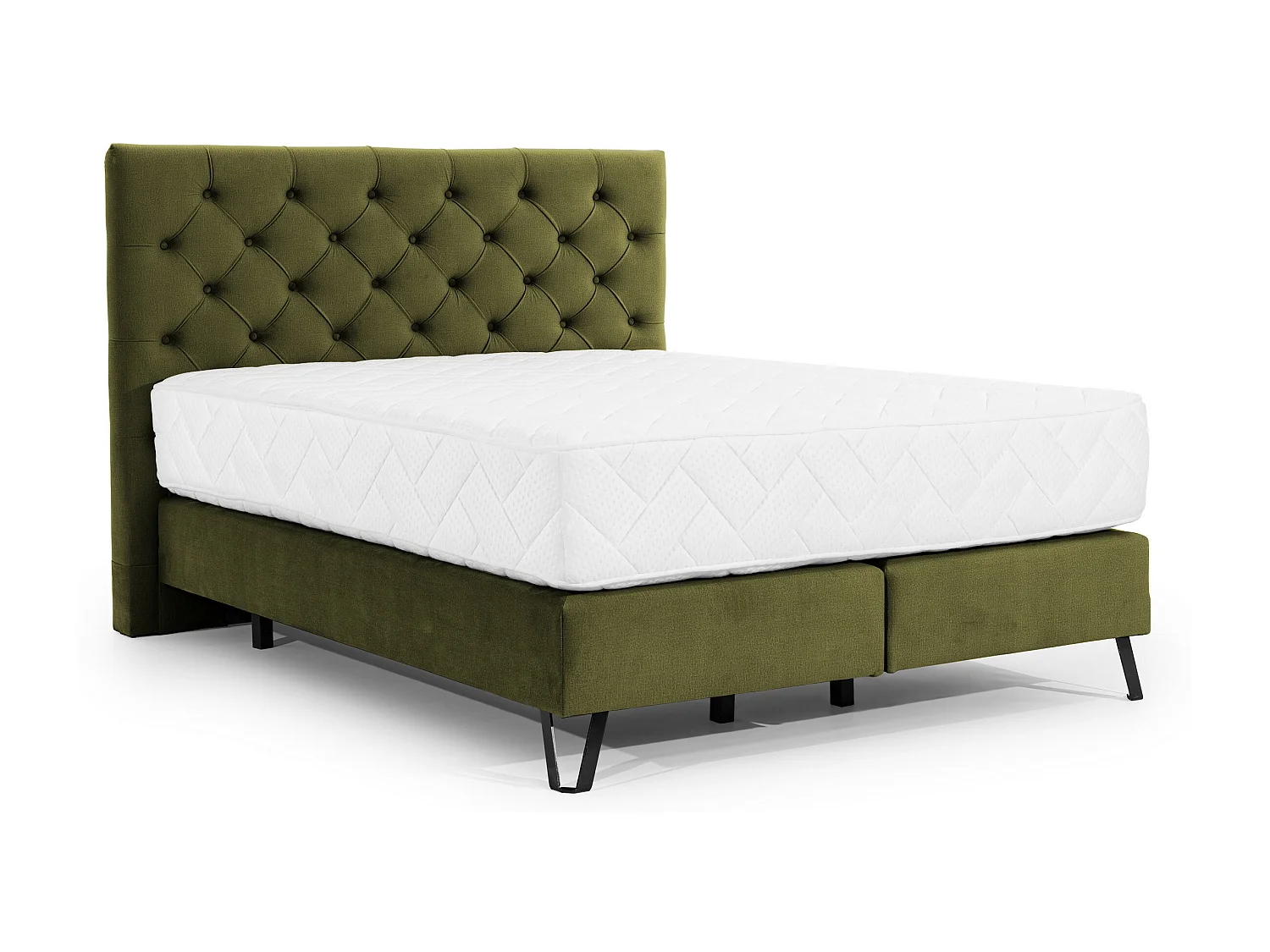 Pozza gestoffeerd continentaal bed in olijfgroene stof met latexmatras van 30 cm en zwart metalen poot-Slapen 180x200cm