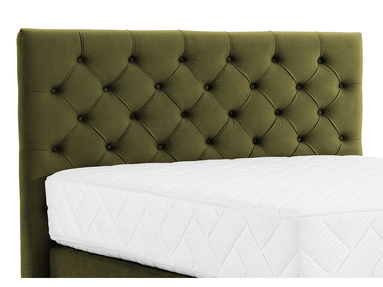 Lit continental capitonné tissu vert olive Pozza avec matelas 30cm en latex et pied métal noir-180x200