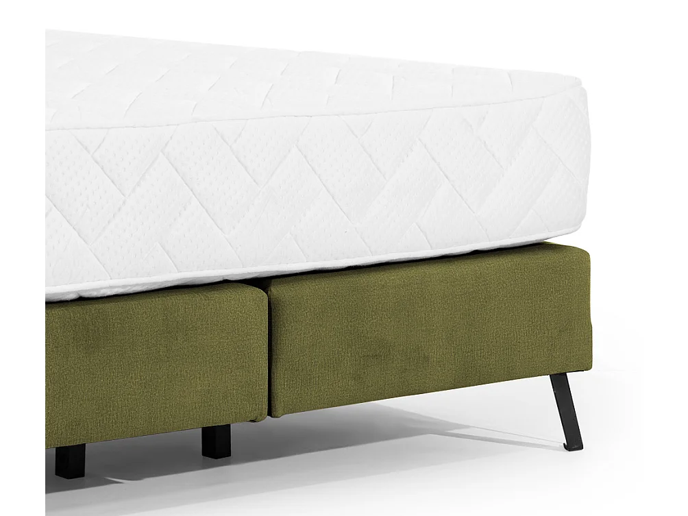 Lit continental capitonné tissu vert olive Pozza avec matelas 30cm en latex et pied métal noir-180x200