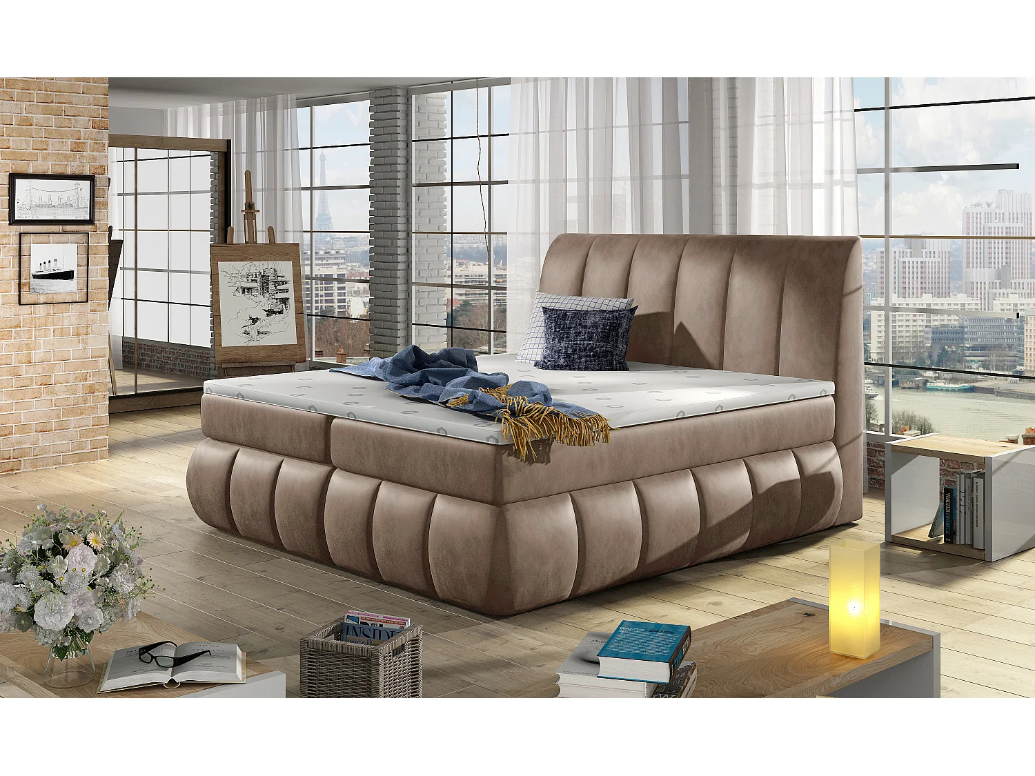 Lit continental matelassé velours marron clair Florencia-180x200