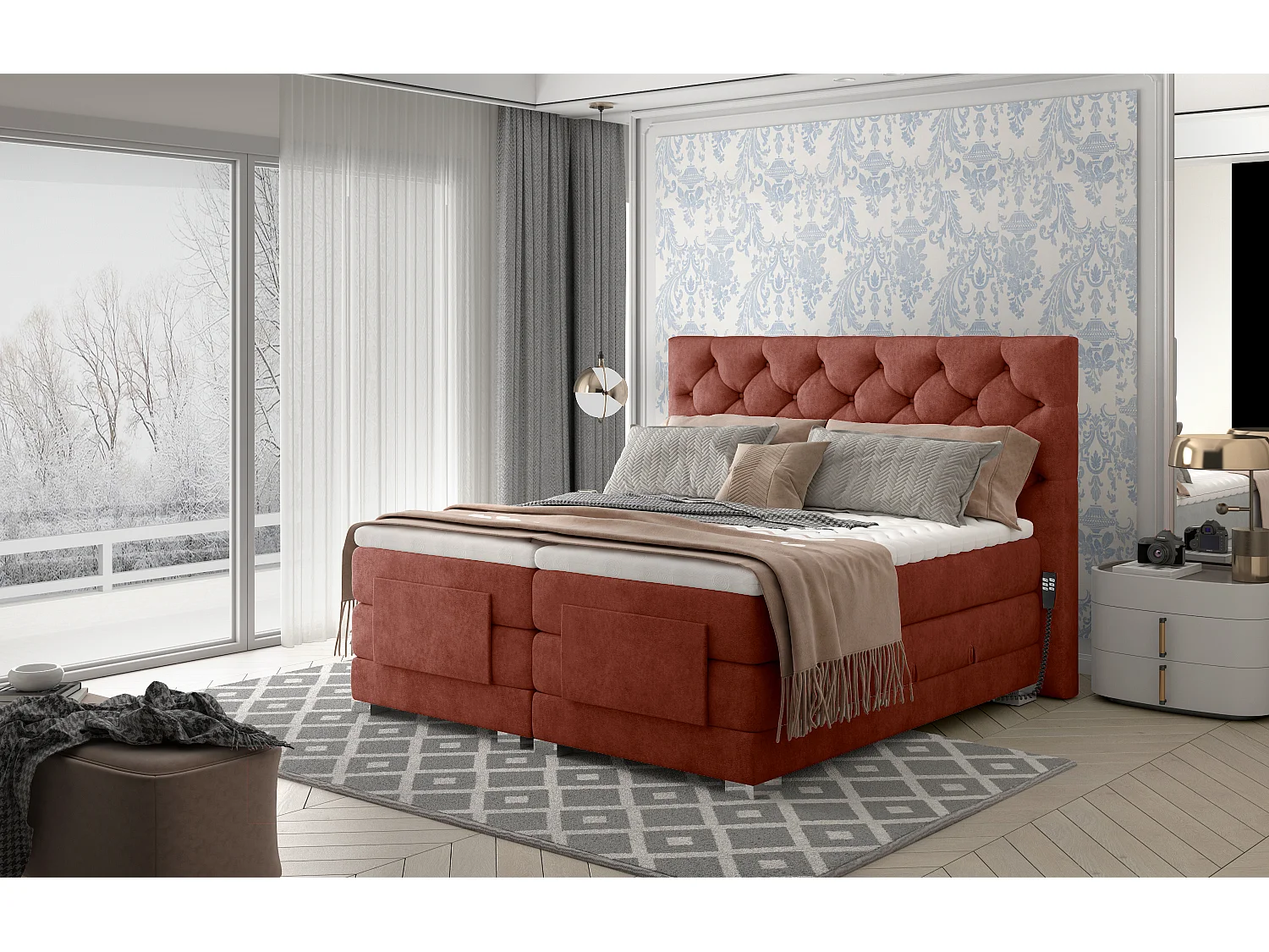 Lit continental électrique tissu rouge tomette avec matelas et surmatelas Karmen-140x200