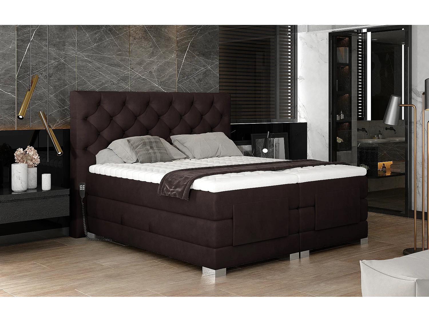 Lit continental électrique velours marron foncé avec matelas et surmatelas Karmen-160x200