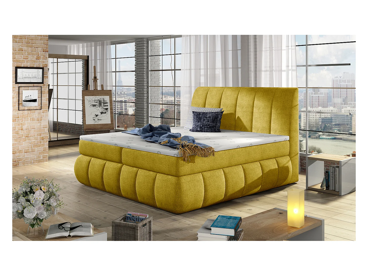 Lit continental matelassé tissu jaune olive Florencia-140x200